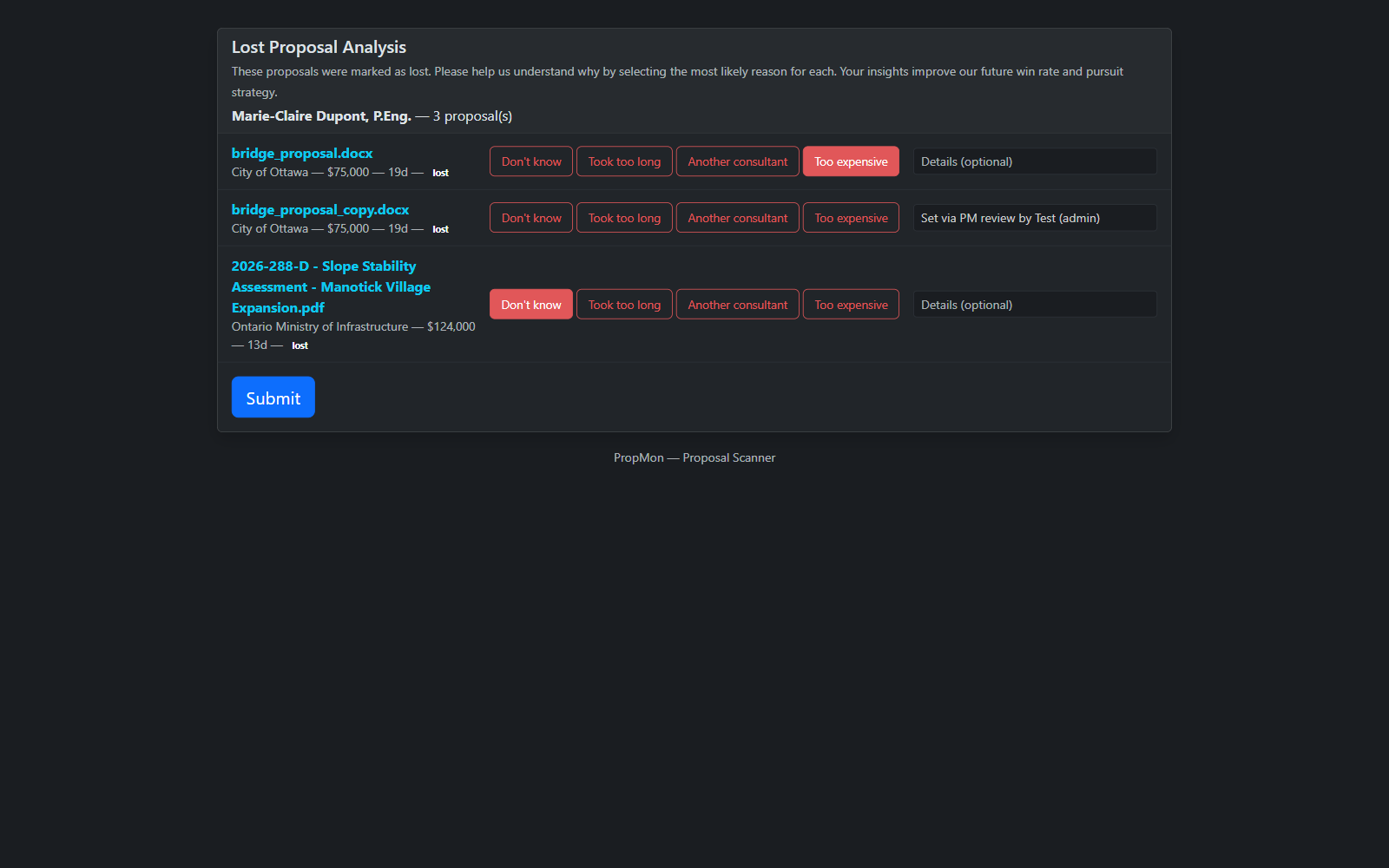Won/Lost analysis form