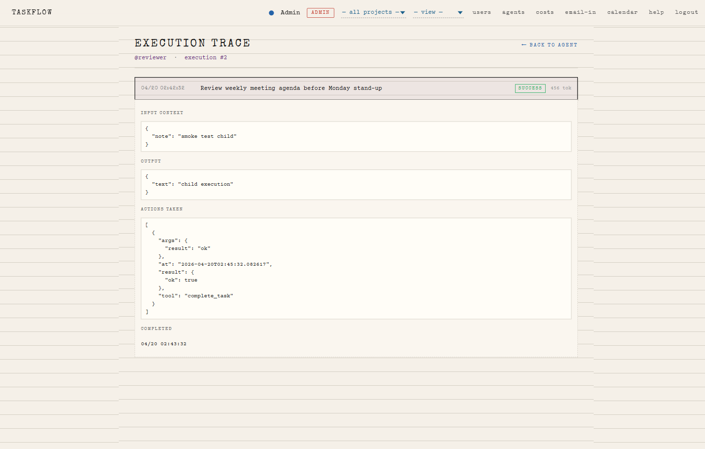 Agent execution trace